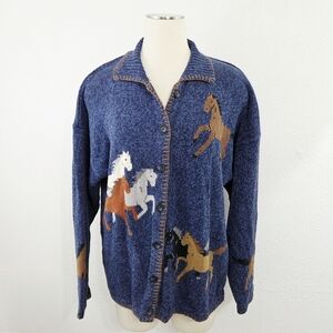 Vintage Design Options Western Horse Cardigan Sweater Blue Equestrian Size XL